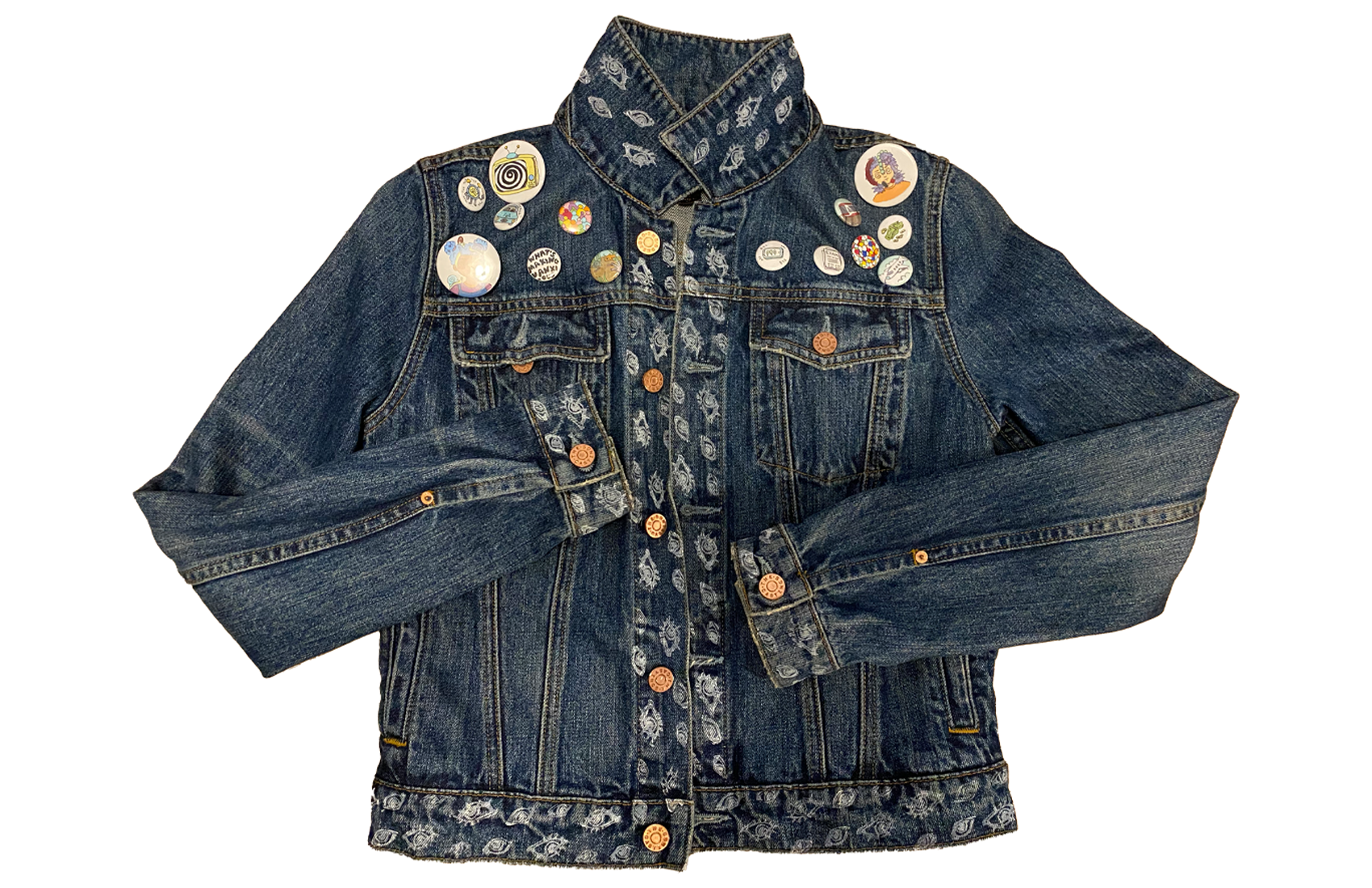Front of Jacket - handmade pins, stamped eye pattern (linoleum carving)