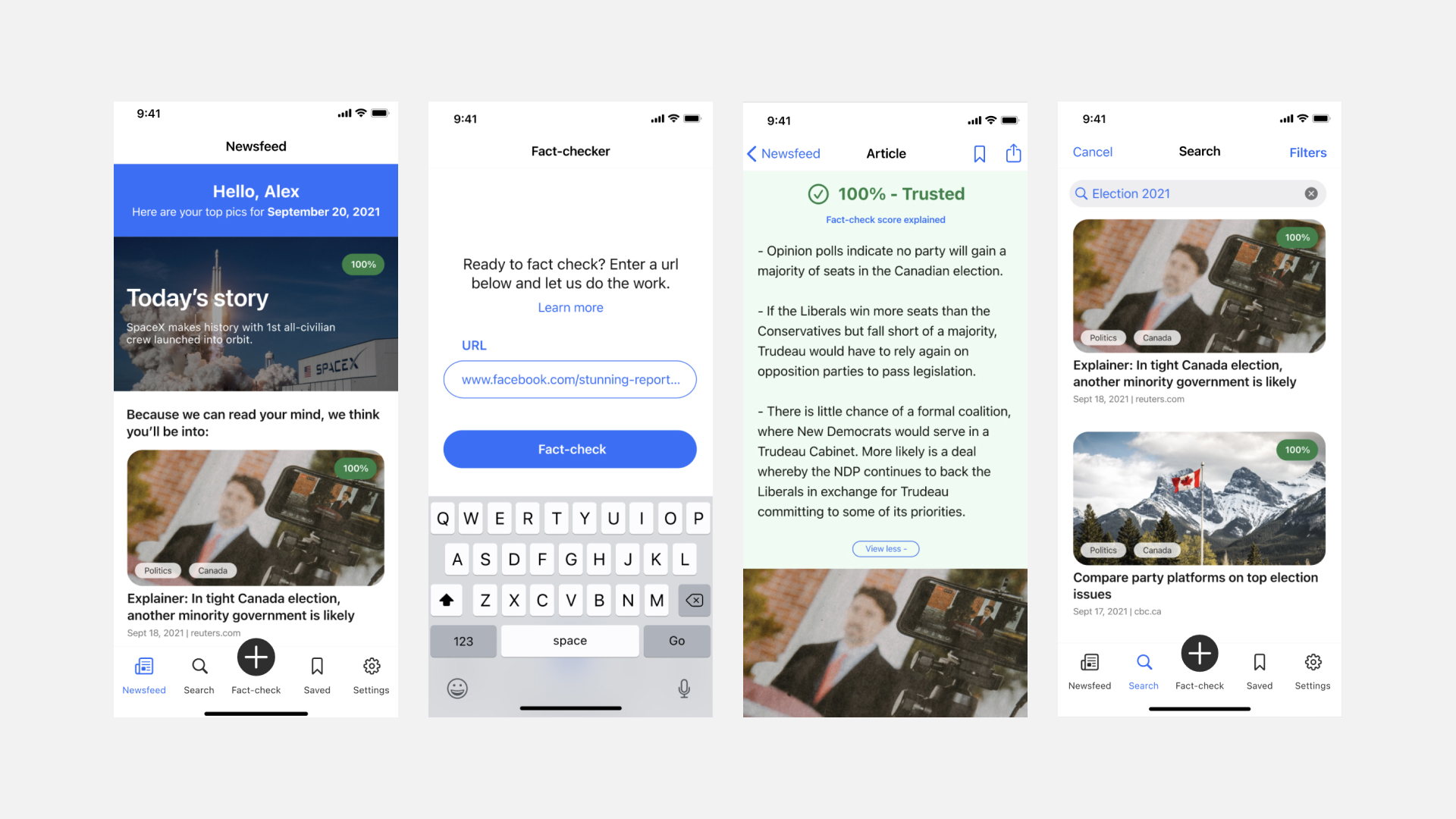 Newsfluent - screens. Newsfeed, fact-checker, trusted article and search.