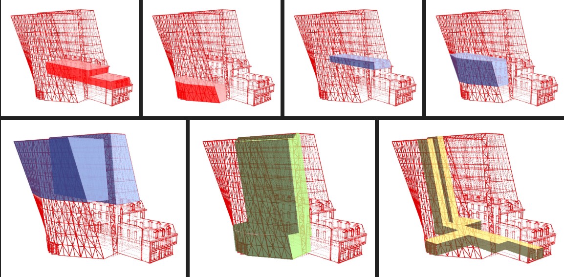 Upper L to R: Retail zone, Admin, Water zone, Amenities. Lower L to R: Hotel Zone, Atrium, Interior Flow