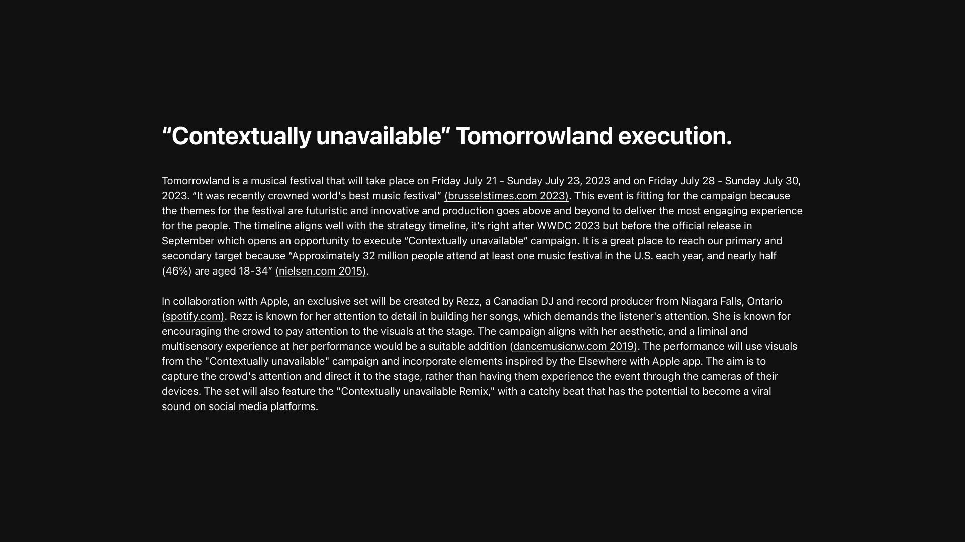 "Contextually unavailable" Tomorrowland execution overview.