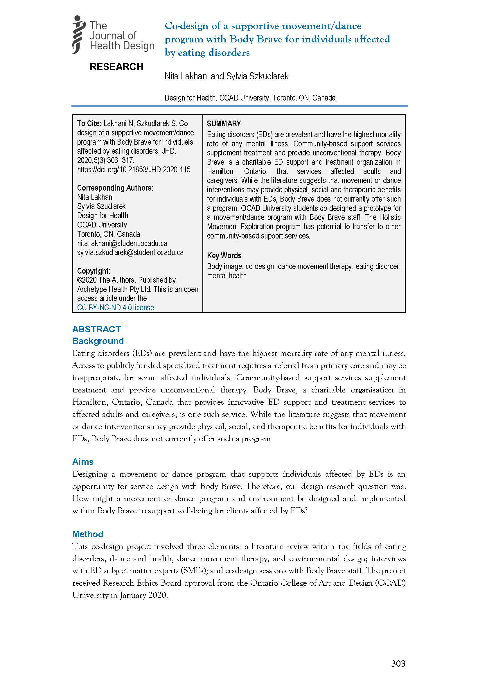 Co-design of a supportive movement/dance program with Body Brave for individuals affected by eating disorders