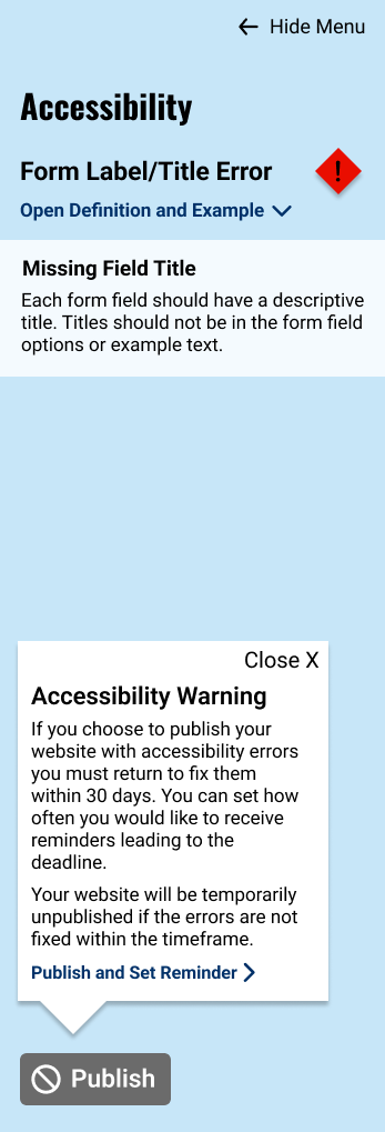 Accessibility warning when trying to publish with errors