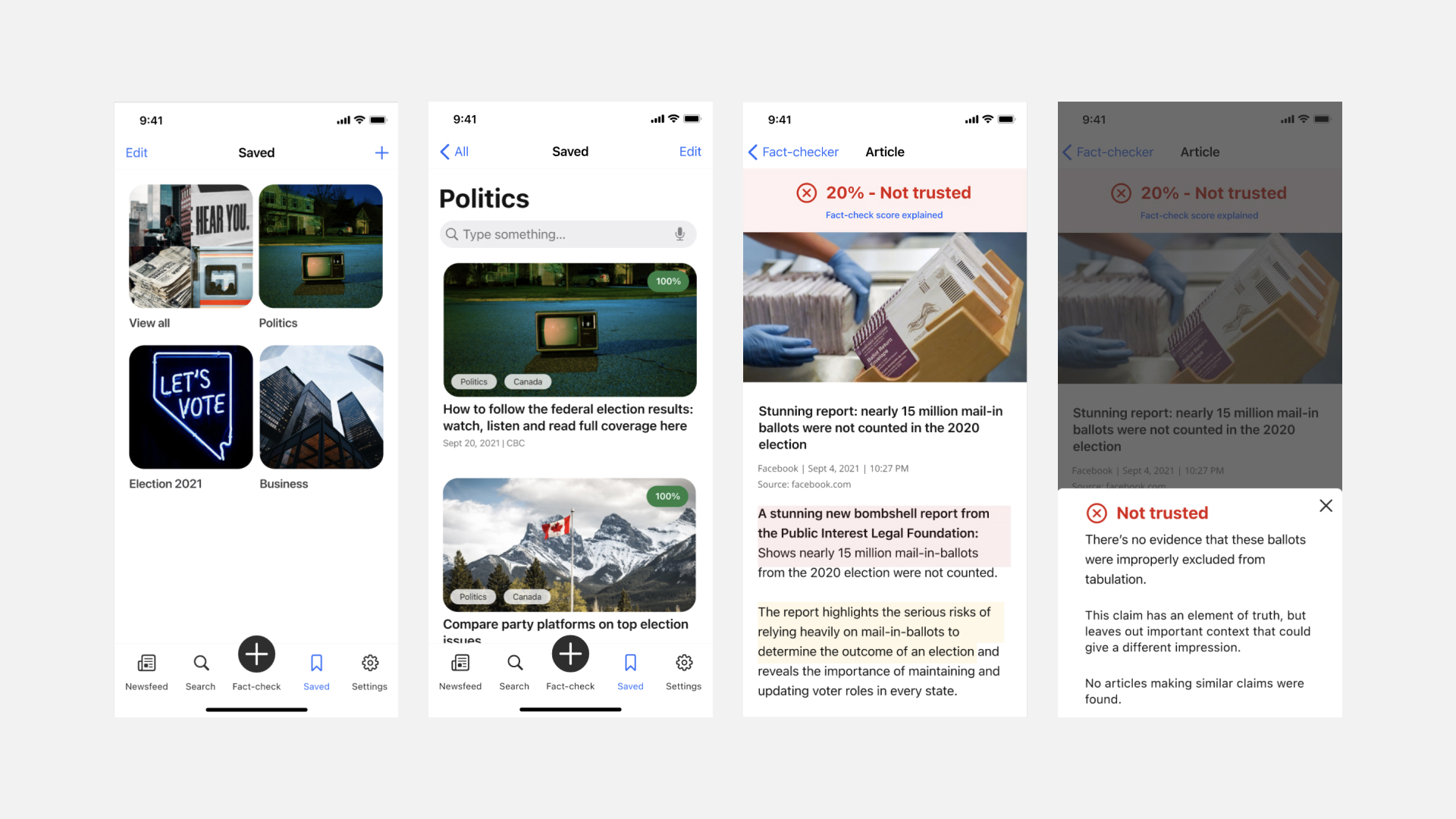 Newsfluent-screens. Saved, saved - folder and not trusted article.