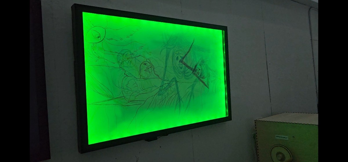 Loss of Self  - Light Reactive Piece (Green LED, Magenta Pencil Crayon)