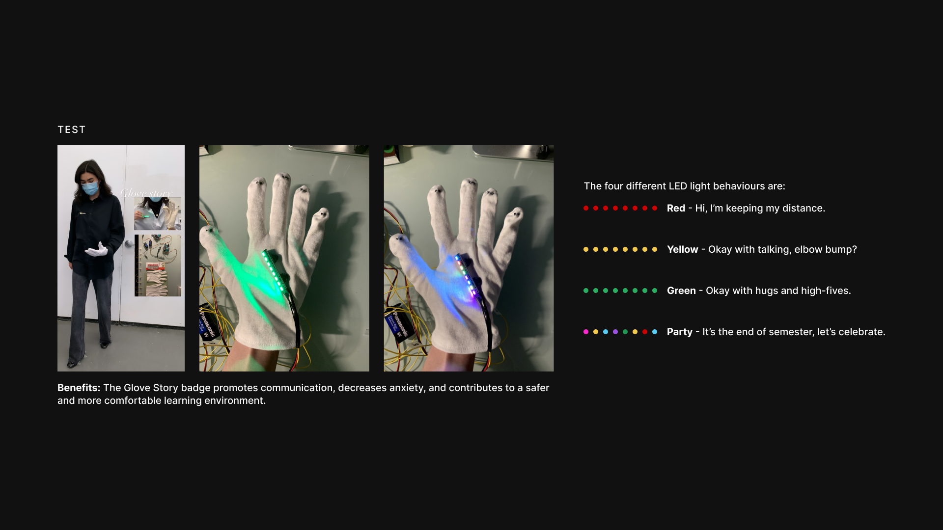 To gather feedback and improve my project, I conducted a usability testing with three users (OCAD students - qualified audience) who had no prior knowledge of it. Analyzing the results, I was able to develop a better mechanism for securing the badge onto clothing and determine the optimal wire length for maximum comfort.