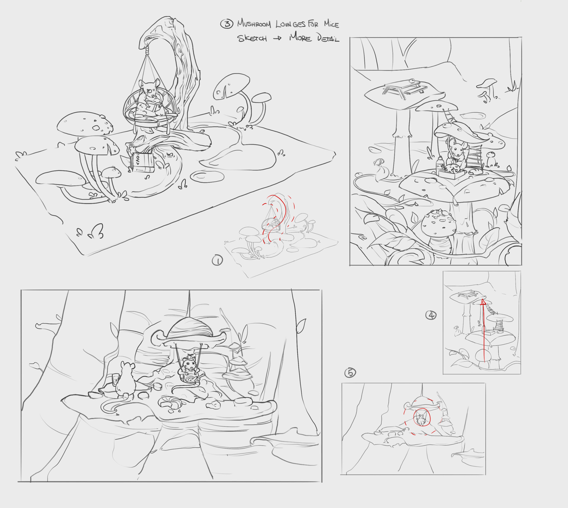 Sketch iterations of the mushroom lounge 3