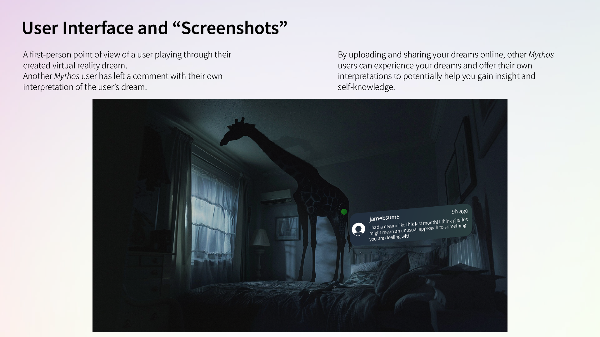 First-person POV of a user's VR dream that has been shared online, showing a comment left by another Mythos user.