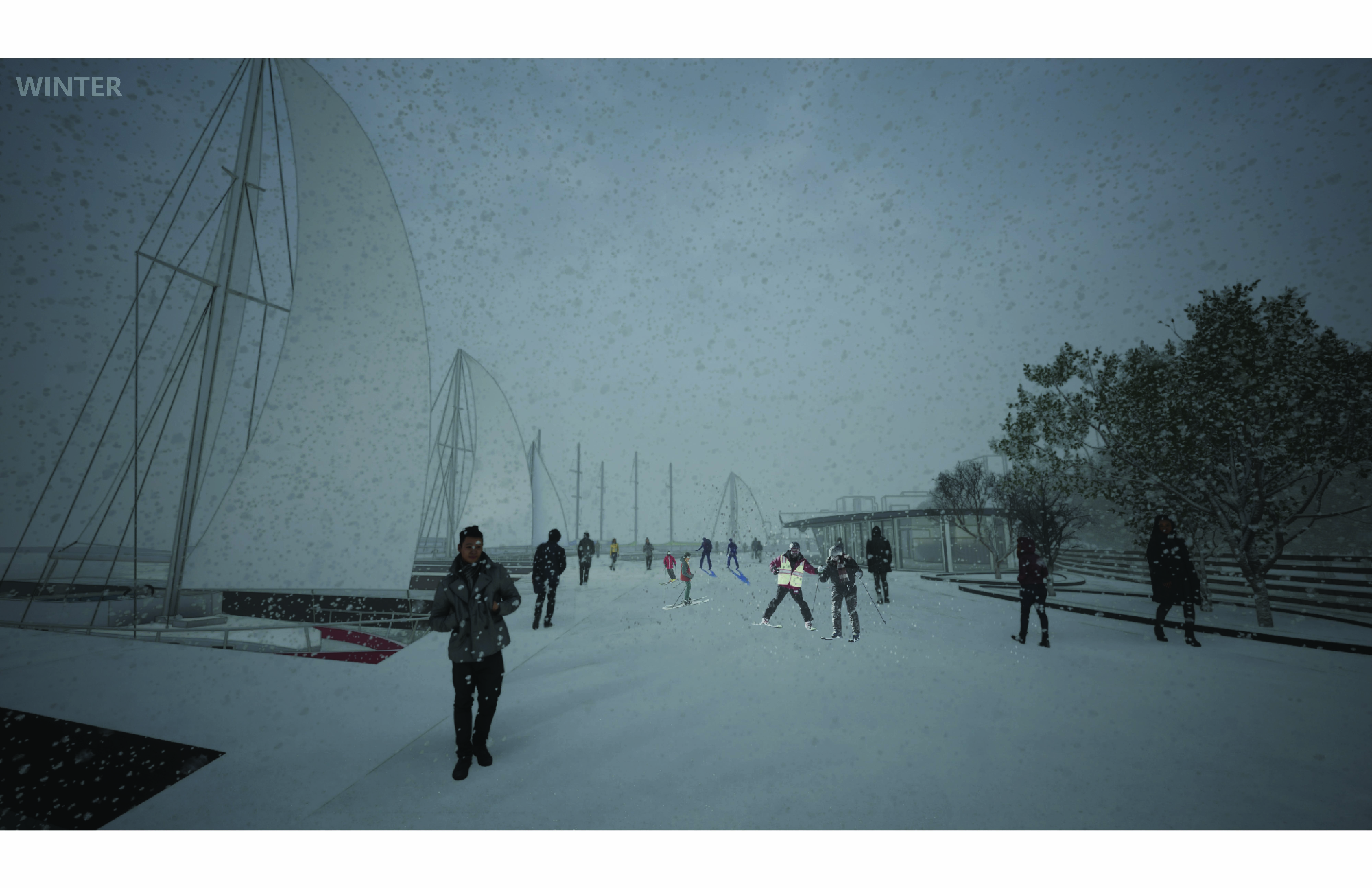 THE PATHWAY IS BLANKETED IN SNOW, SMOOTH AND CRISP UNDER MY SKIS. EACH GLIDE CARRIES ME FORWARD OVER THE FROZEN SURFACE, THE STRUCTURE SWAYING EVER SO SLIGHTLY BENEATH ITS WINTER COAT. THE RAILING IS DUSTED IN FROST, CATCHING THE MORNING LIGHT LIKE GLASS. BREATH CLOUDS IN THE AIR AS I MOVE, SURROUNDED BY SILENCE, EXCEPT FOR THE SOFT WHISPER OF SKIS OVER SNOW—A STILL, FROZEN WORLD IN MOTION.