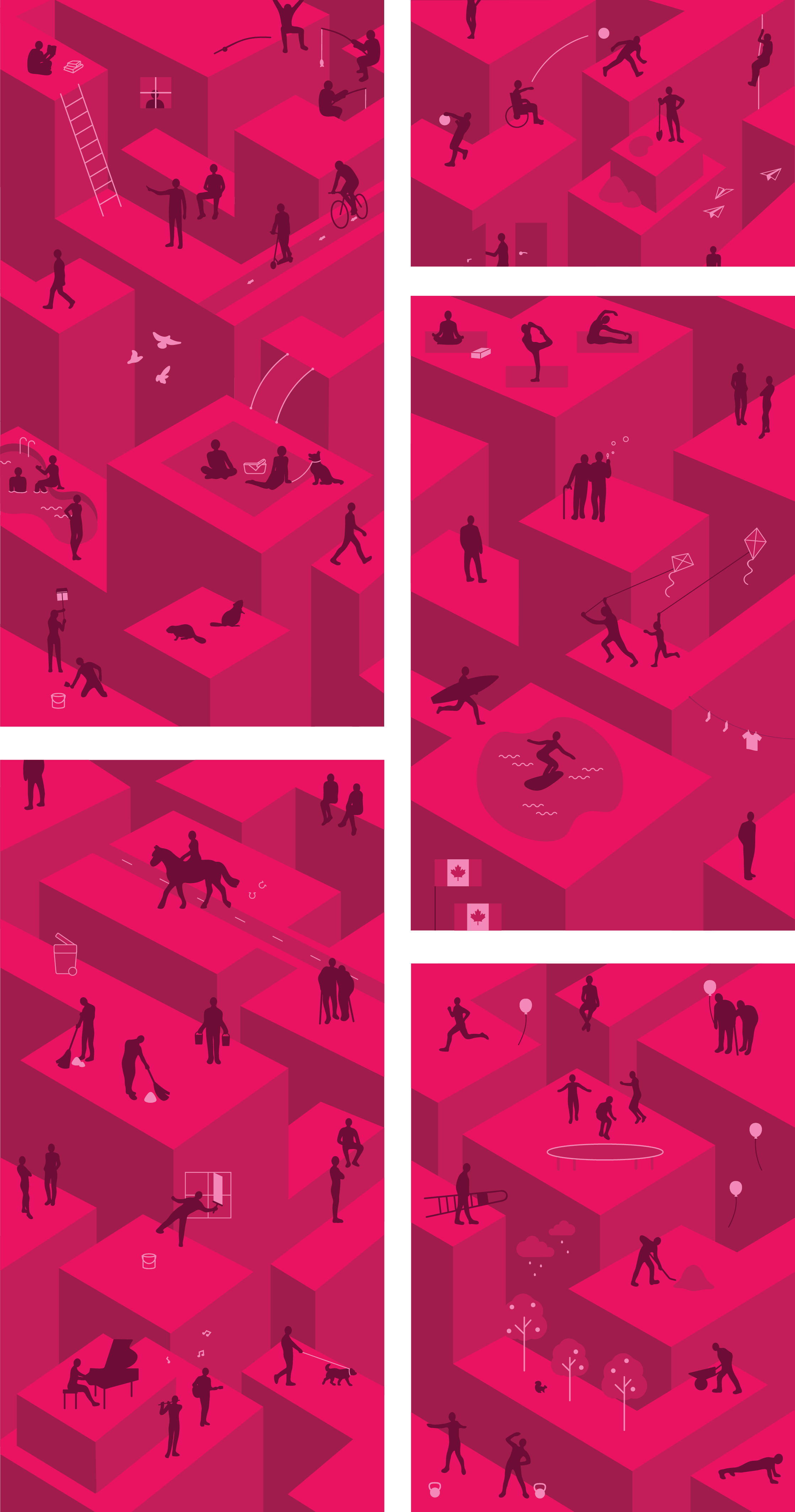 These illustrations break linear perspective, otherwise known as the colonial eye. The illustrations instead opt for a multi-perspective, representing the importance of multiple voices in discourse.