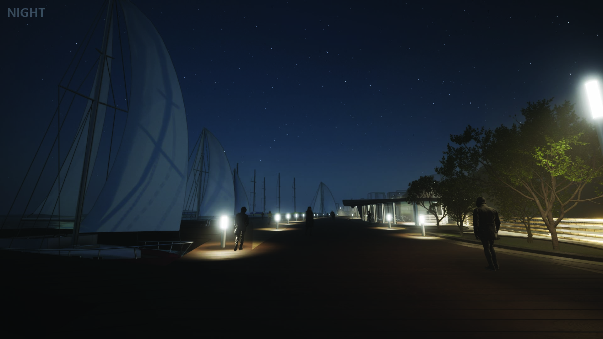 AT NIGHT, THE WALKWAY GLOWS SOFTLY BENEATH MY FEET, EACH STEP LIT BY HIDDEN LIGHTS WOVEN INTO THE RAILING, TRACING A QUIET PATH OVER THE DARK WATER. THE GENTLE SWAY IS MORE PRONOUNCED NOW, LIKE THE LAKE IS BREATHING UNDER MOONLIGHT. OVERHEAD, STARS SCATTER ACROSS THE SKY IN QUIET BRILLIANCE, MIRRORED FAINTLY ON THE STILL SURFACE BELOW.