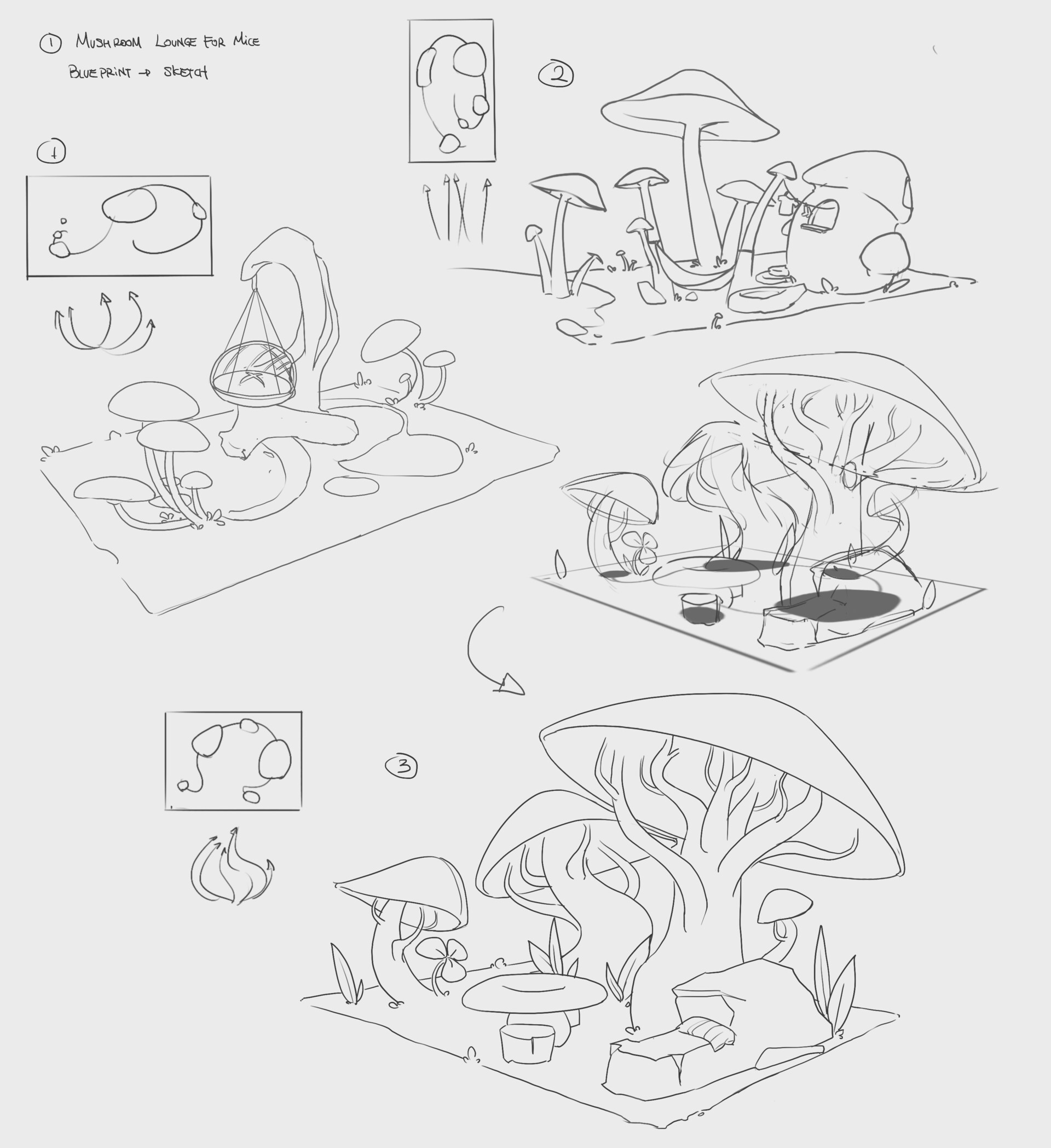 Sketch iterations of the mushroom lounge