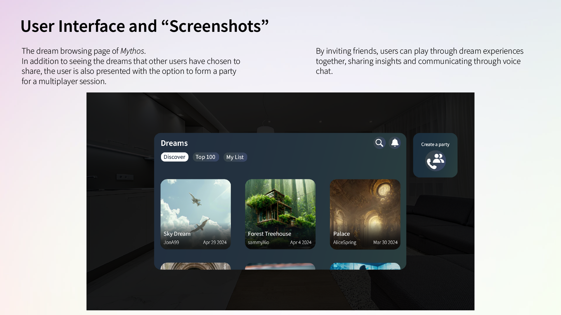 Mythos "Dreams" menu, for browsing other user-created dreams, and for forming a party for a multiplayer experience.