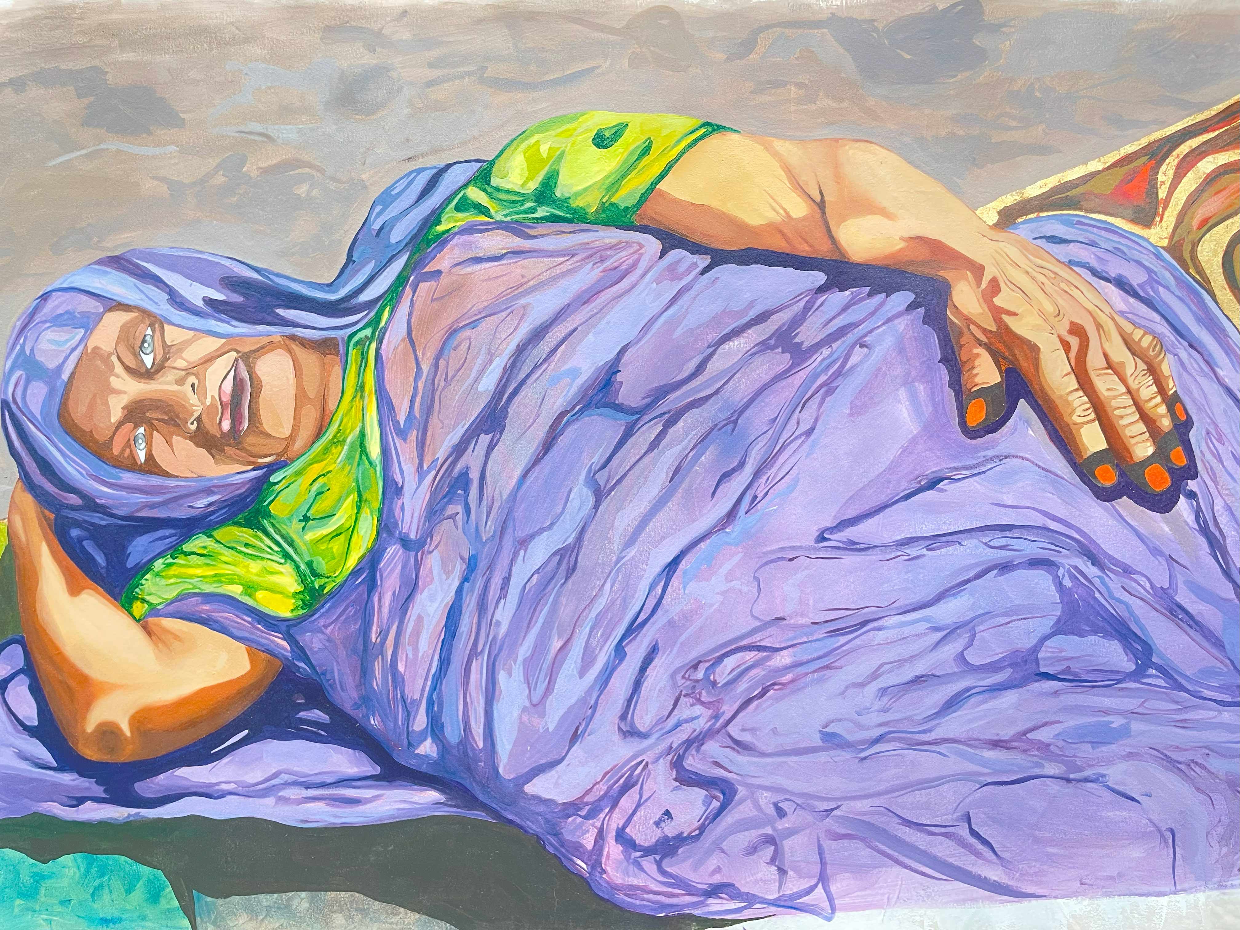 Oil and gold leaf on canvas. 5'x 8' 2025 . الخدر النعيمه .