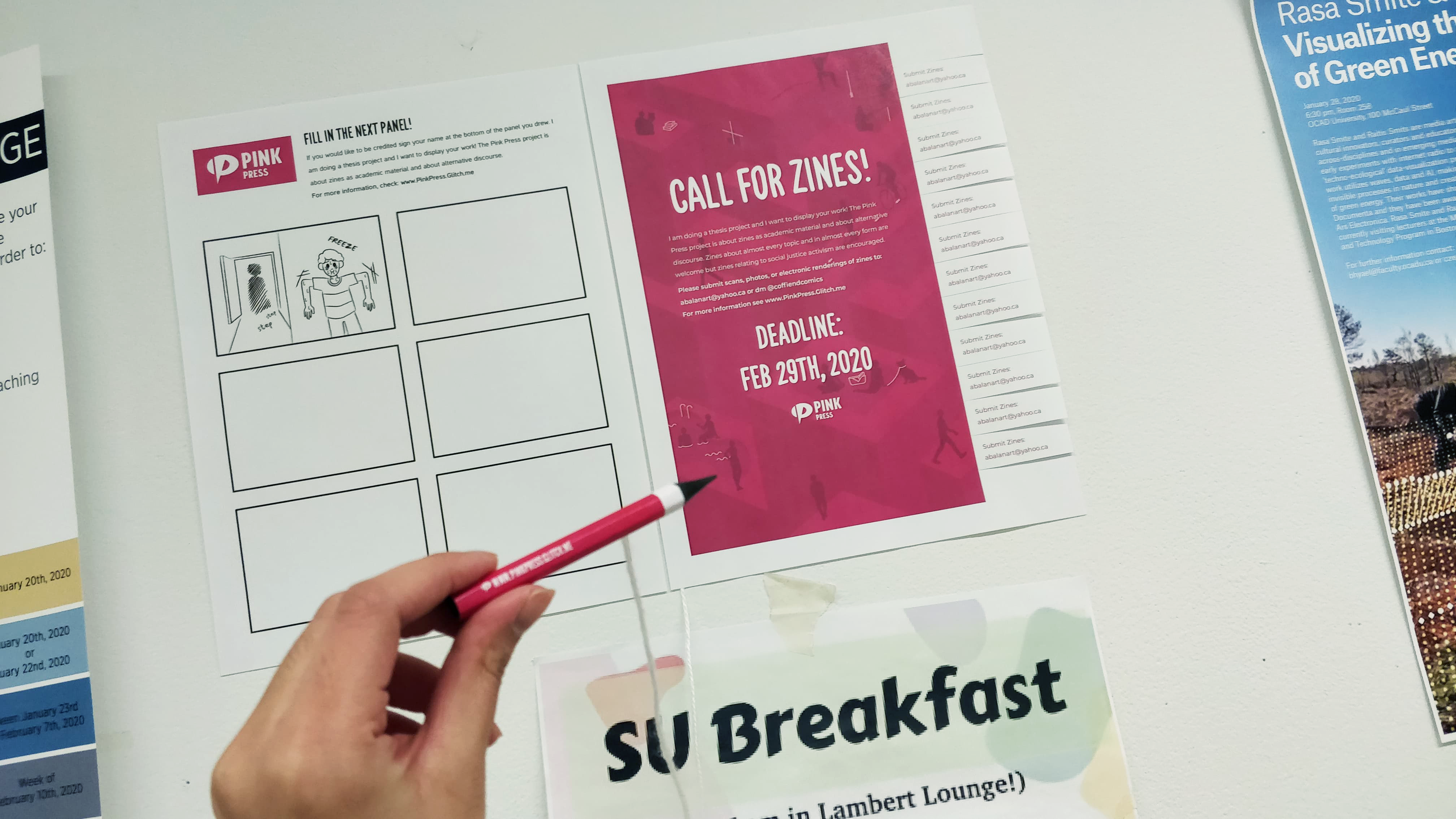 I was lacking in zine submissions for the Pink Press. I decided there needed to be a fun, quick, and easy way for people to get involved. This is why I came up with the Co-Authored by OCADU Series. The idea behind these comics is to facilitate spontaneous co-writing. I created a page of blank panels and attached a pencil on a string. The instructions state: “Fill in the next panel!” I posted these interactive posters around OCADU, bringing in around 6 full comics per week!