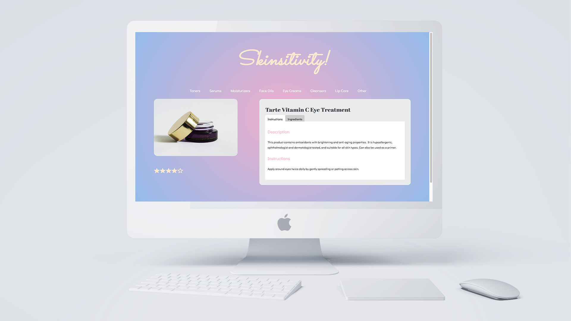 Visitors can click on product images to see more information. Using tabs on the product page, they can switch between viewing the instructions and the ingredients.