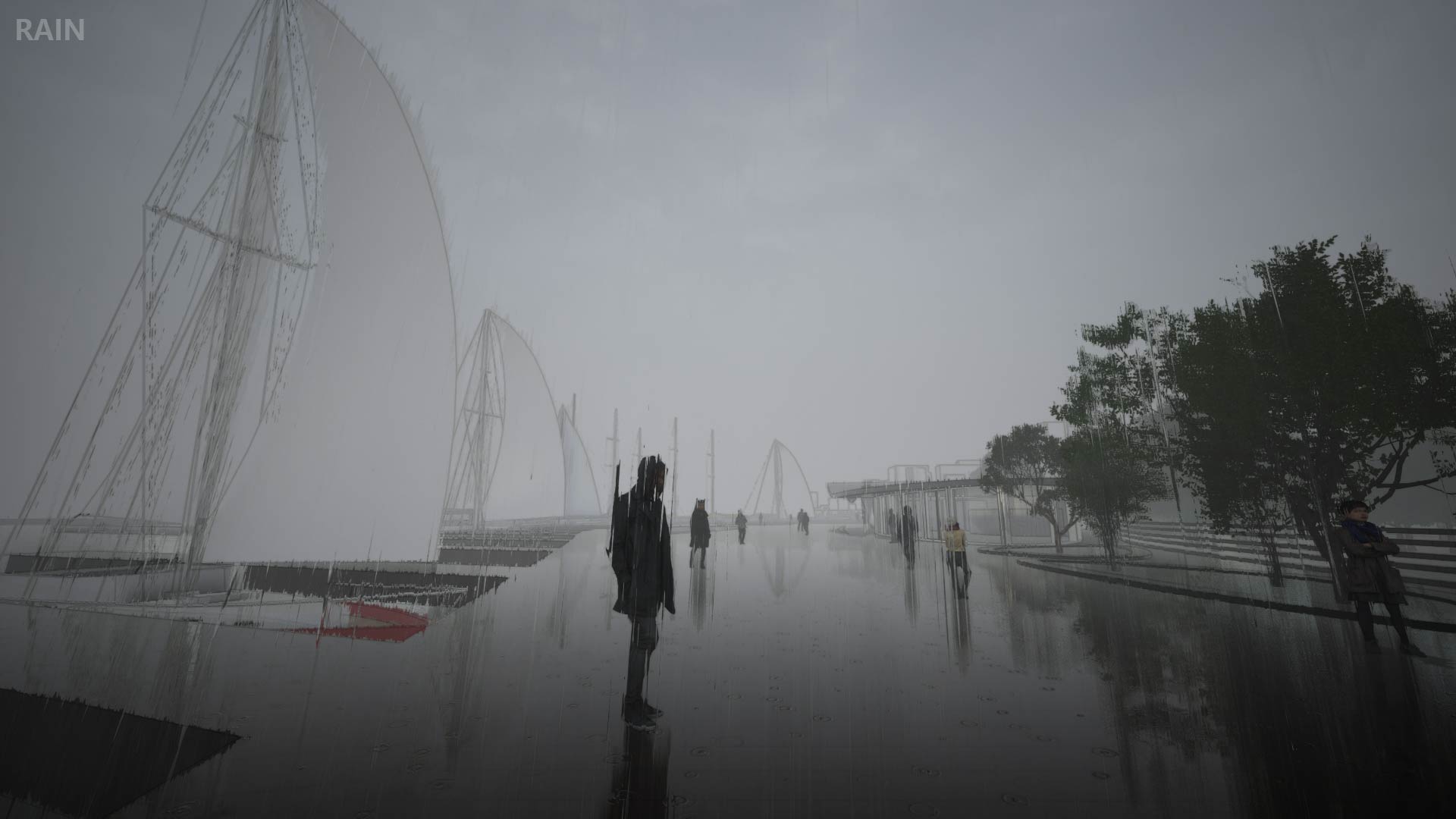 RAIN FALLS IN A STEADY RHYTHM, TAPPING GENTLY ON THE SURFACE OF THE SWAYING WALKWAY. THE WOOD IS SLICK BENEATH MY SHOES, DARKENED BY WATER AND DOTTED WITH SHALLOW PUDDLES THAT RIPPLE WITH EACH DROP. THE RAILING GLISTENS, BEADED WITH RAIN, GUIDING ME FORWARD THROUGH THE MIST. EVERYTHING FEELS HUSHED, THE LAKE AND SKY BLURRED INTO ONE SOFT, SILVER EXPANSE—AS IF THE WORLD IS HOLDING ITS BREATH.