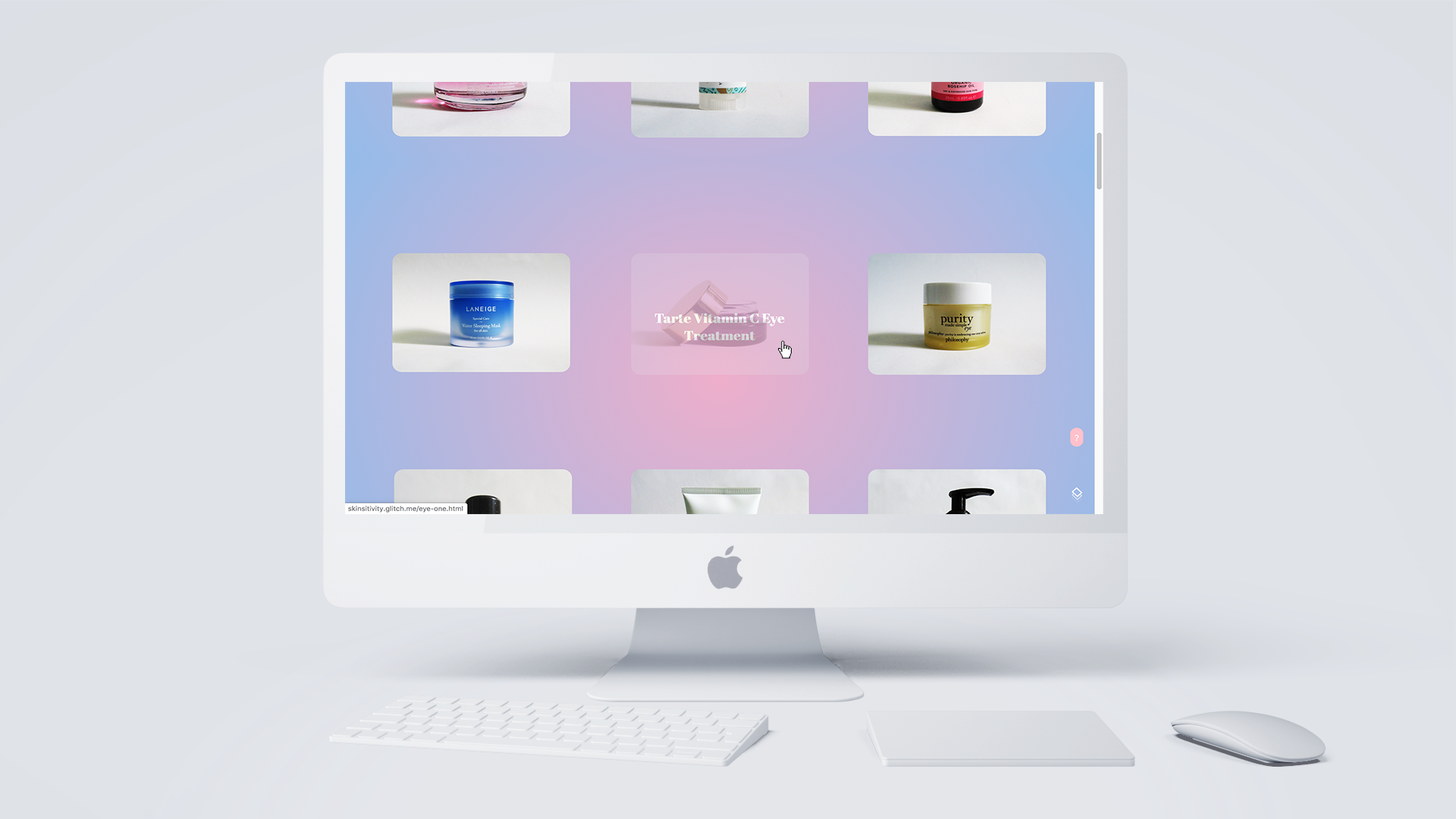 When visitors hover over an image of a skincare product, the opacity of the image decreases, revealing the product name.