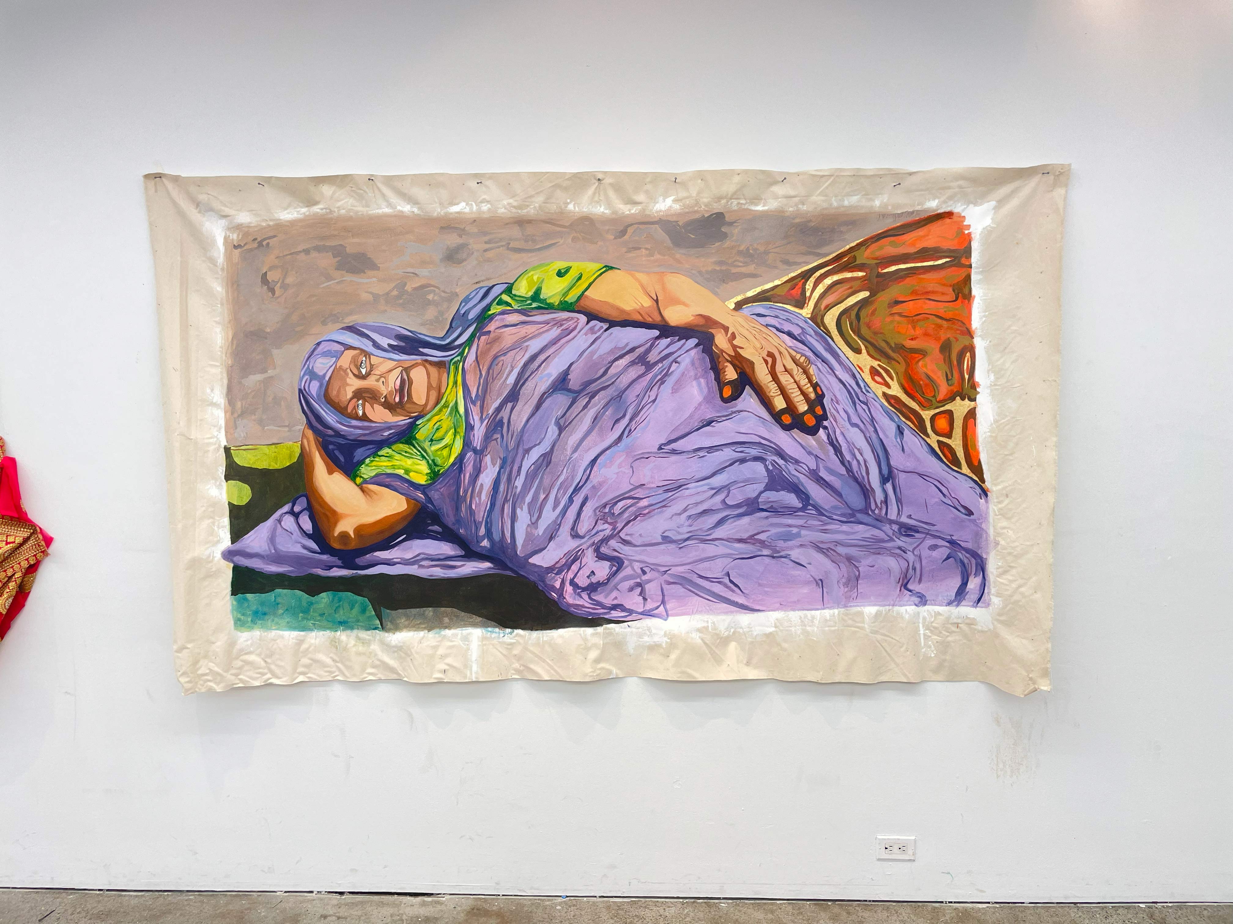 Oil and gold leaf on canvas. 5'x 8' 2025 . الخدر النعيمه .